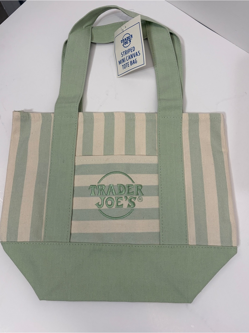 New Trader Joe’s Mini Pastel Stripe GREEN Canvas Tote Bag 2026 Limited Edition